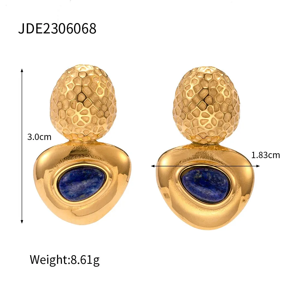 Vintage Triangle Stud Earrings Inlaid with Lapis Lazuli