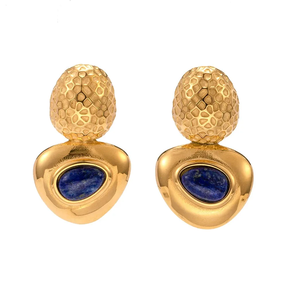Vintage Triangle Stud Earrings Inlaid with Lapis Lazuli