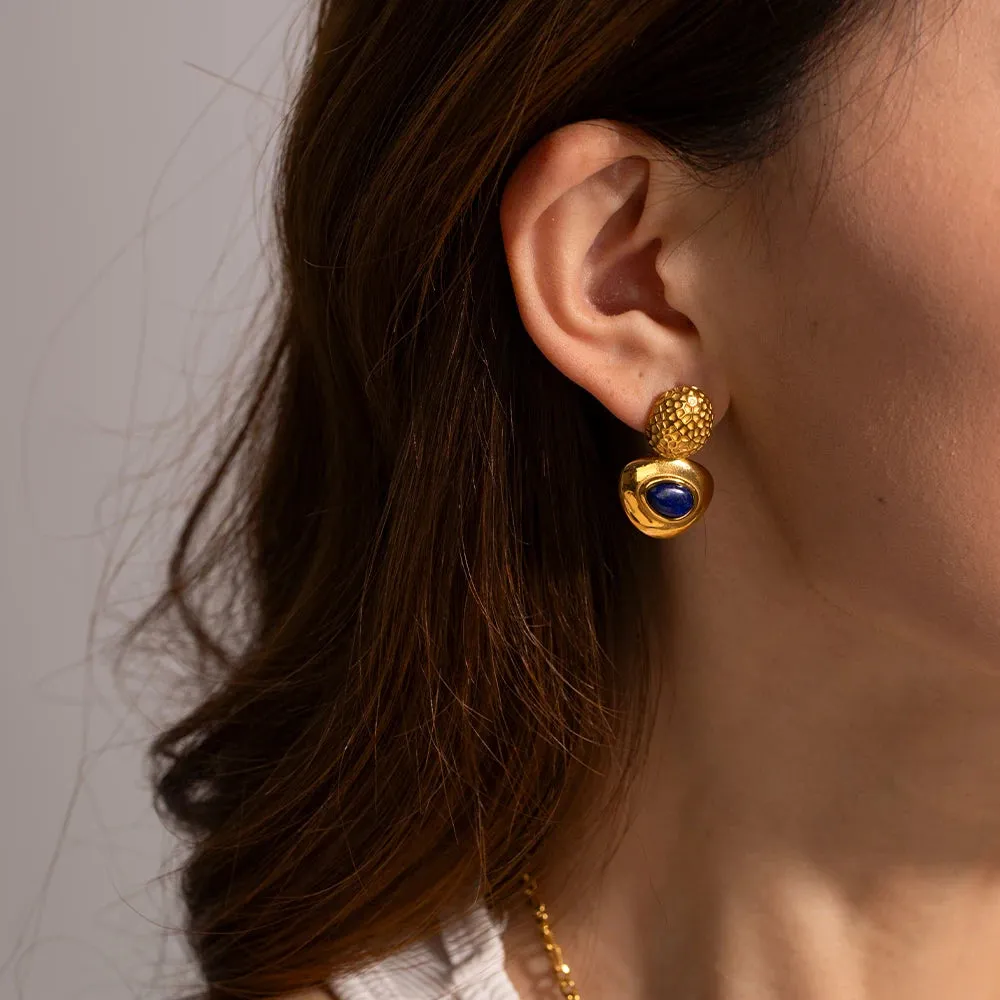 Vintage Triangle Stud Earrings Inlaid with Lapis Lazuli