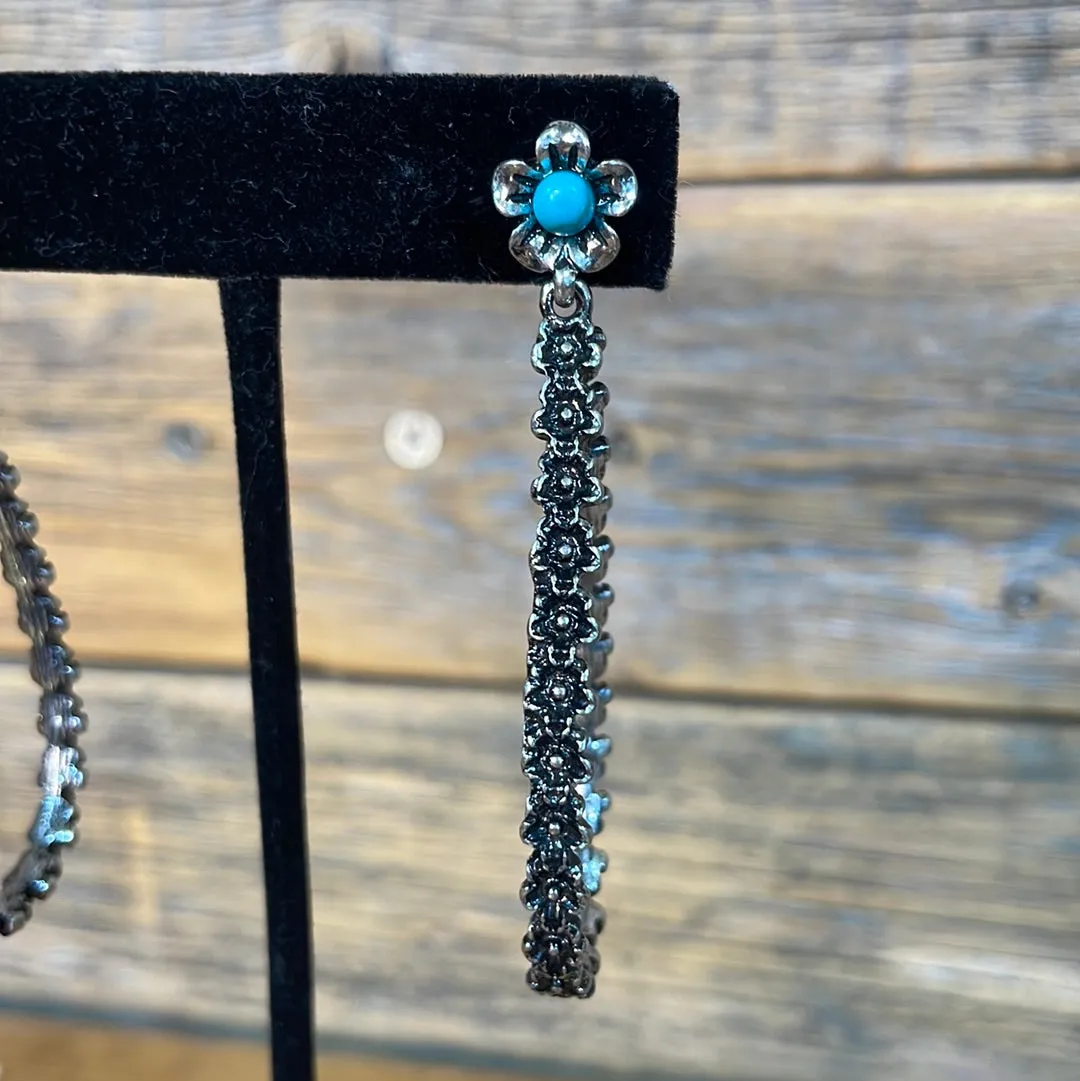 Vista Stamped Post Flower Teardrop Hoop Earrings - 3"