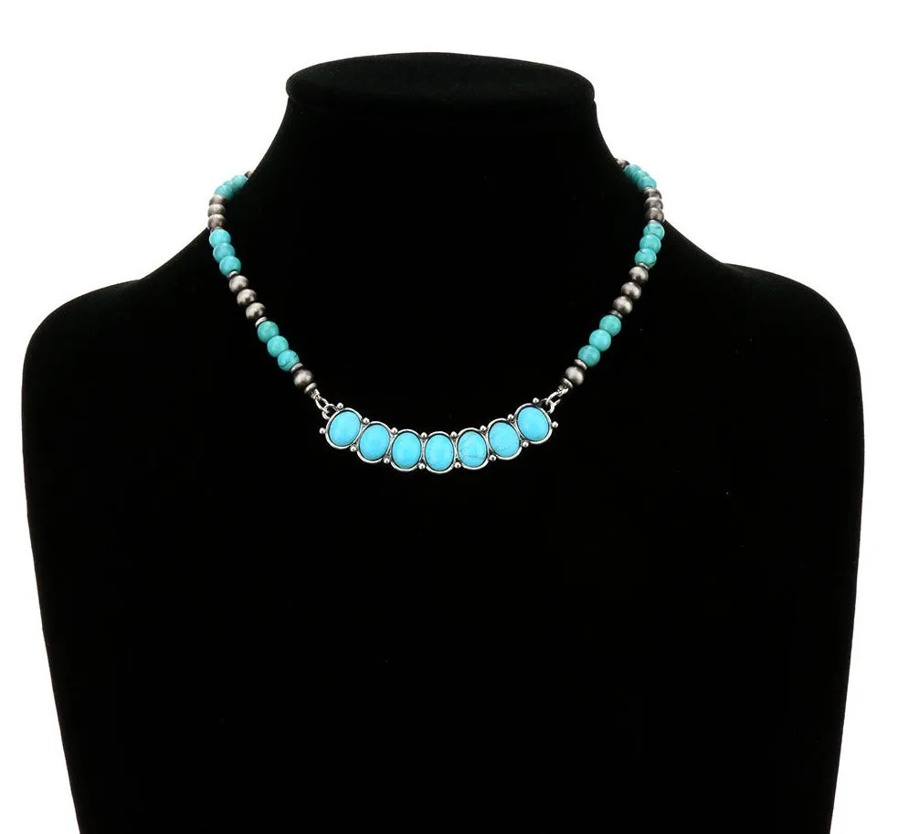 Vivi Fashion Curved Stone Pendant Navajo Necklace - Turquoise
