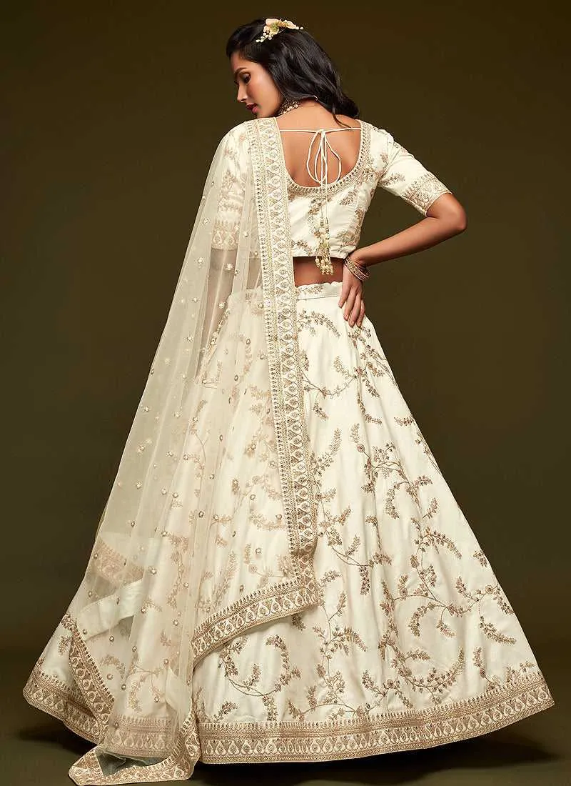 White And Gold Silk Embroidered Stylish Lehenga Choli
