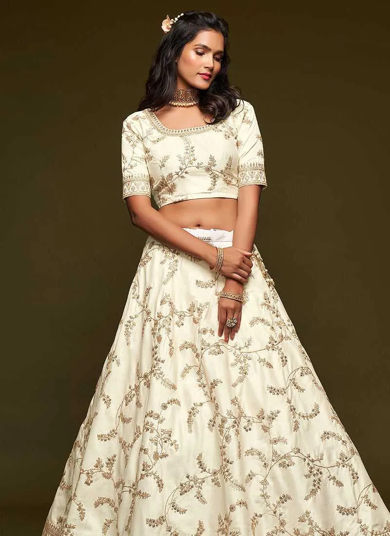 White And Gold Silk Embroidered Stylish Lehenga Choli