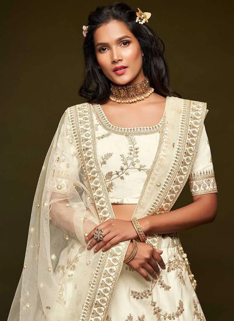 White And Gold Silk Embroidered Stylish Lehenga Choli