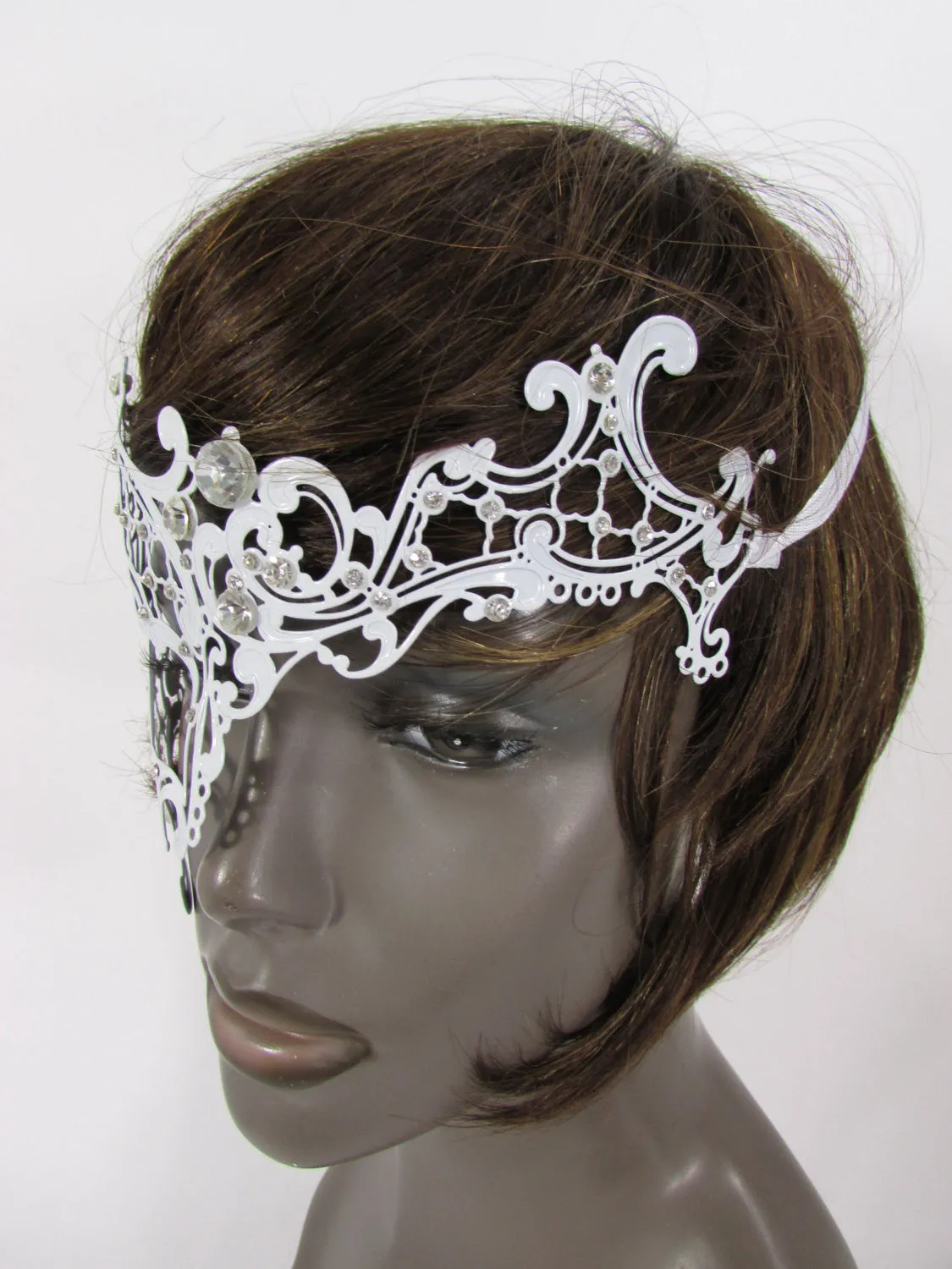 White Half Face Right Side Mask Rhinestones Back Tie Women Mardi Gras Halloween