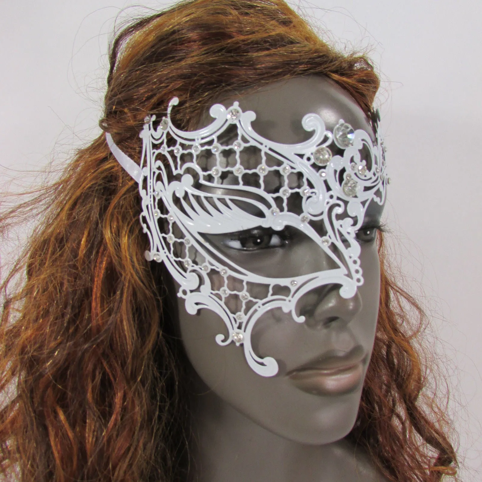 White Half Face Right Side Mask Rhinestones Back Tie Women Mardi Gras Halloween
