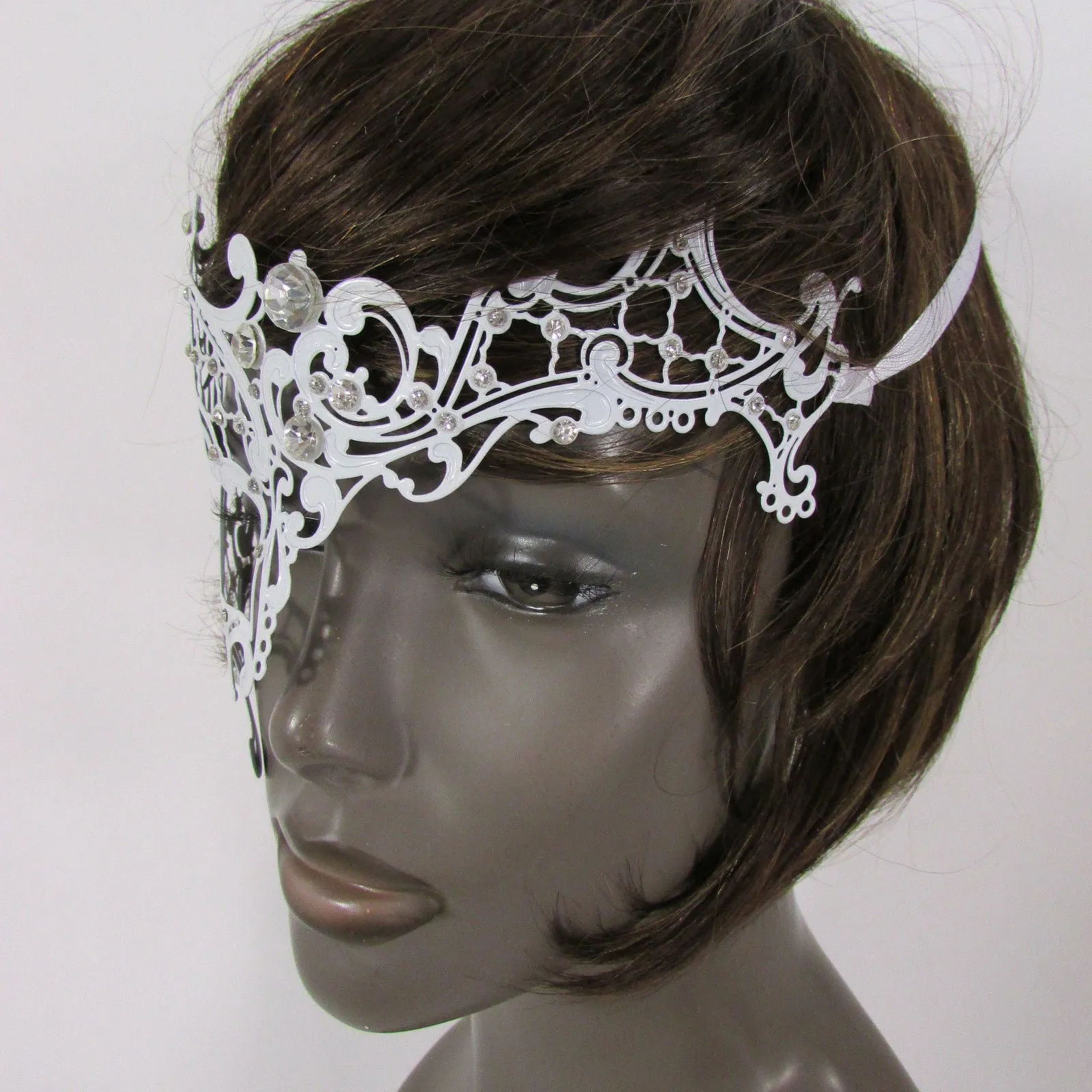White Half Face Right Side Mask Rhinestones Back Tie Women Mardi Gras Halloween