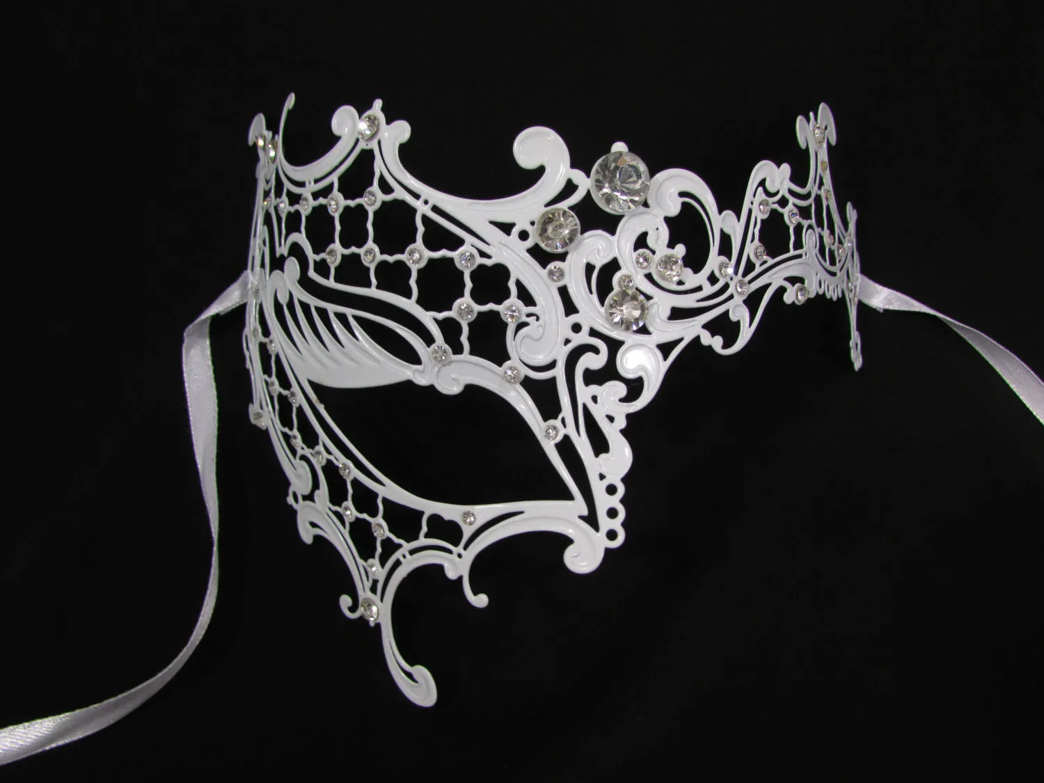 White Half Face Right Side Mask Rhinestones Back Tie Women Mardi Gras Halloween