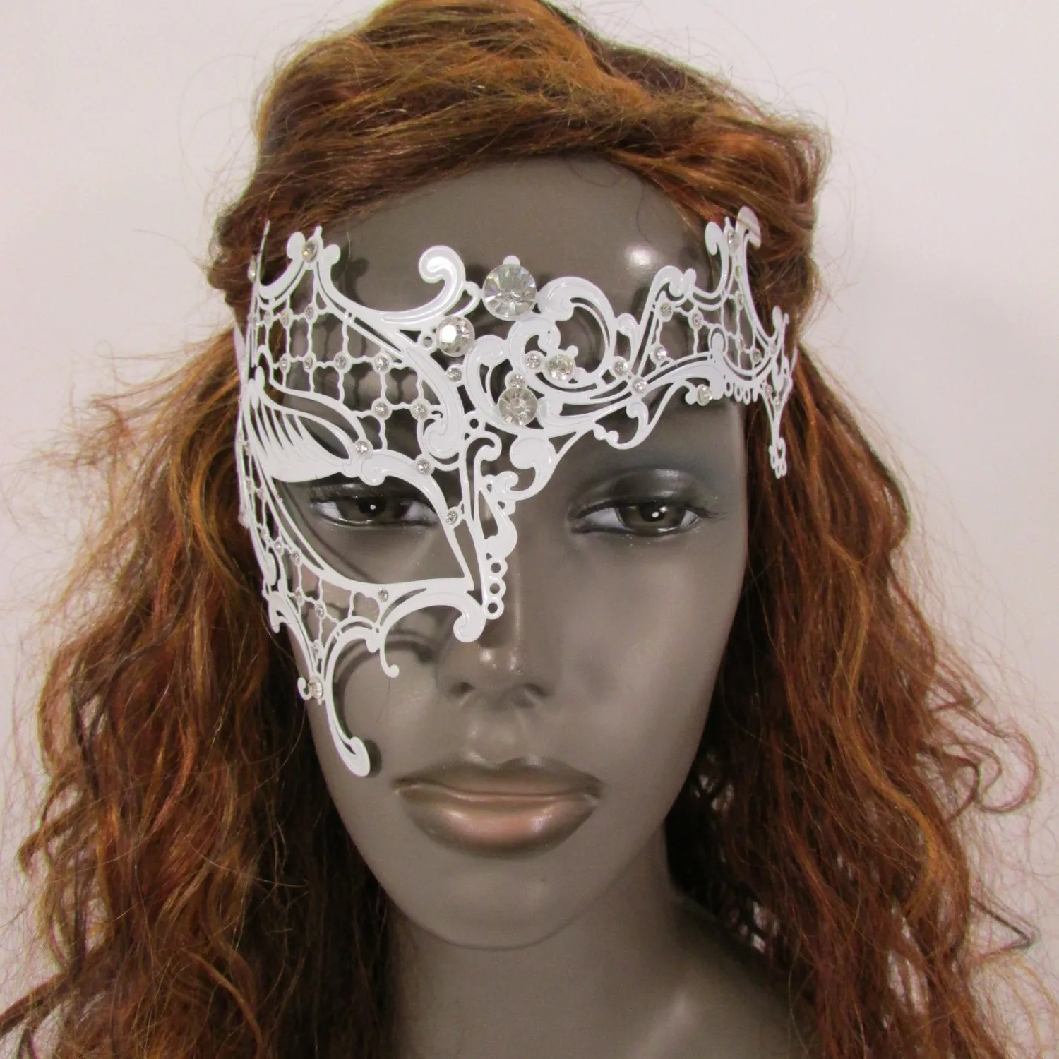 White Half Face Right Side Mask Rhinestones Back Tie Women Mardi Gras Halloween