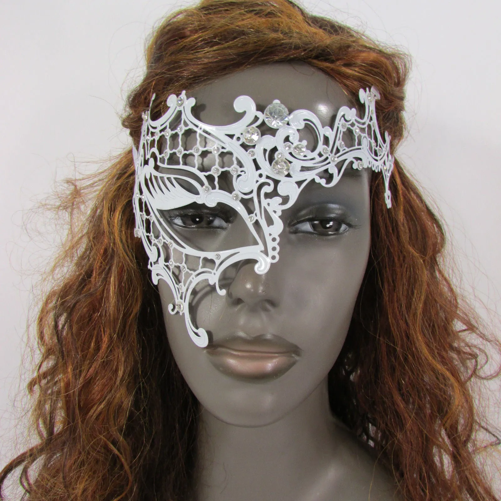 White Half Face Right Side Mask Rhinestones Back Tie Women Mardi Gras Halloween
