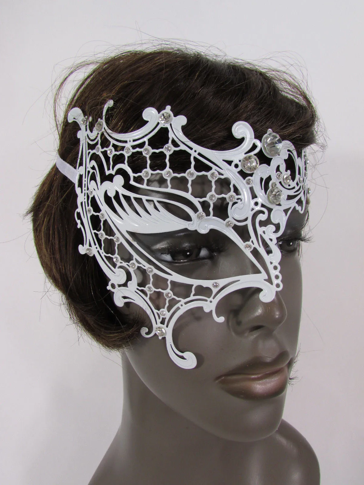 White Half Face Right Side Mask Rhinestones Back Tie Women Mardi Gras Halloween