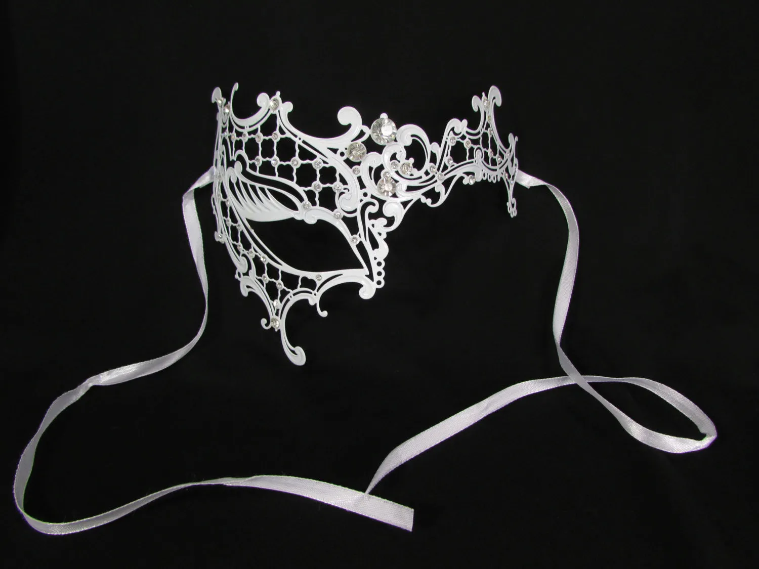 White Half Face Right Side Mask Rhinestones Back Tie Women Mardi Gras Halloween