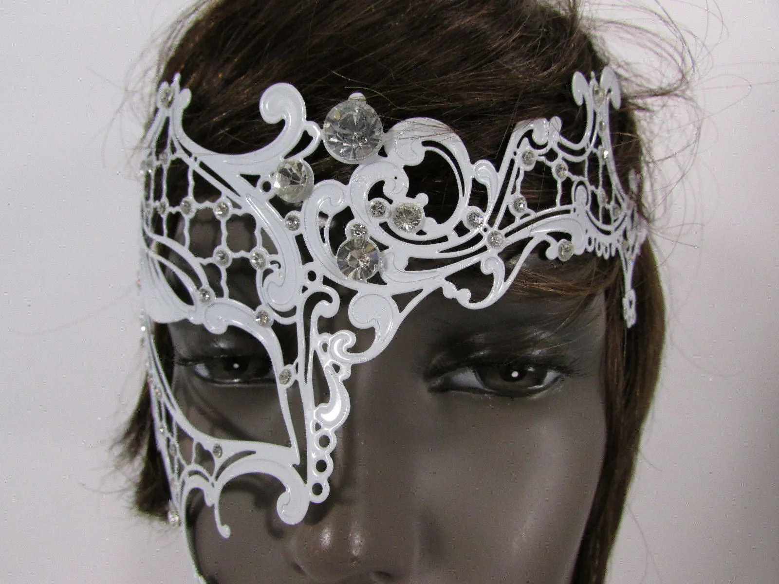 White Half Face Right Side Mask Rhinestones Back Tie Women Mardi Gras Halloween
