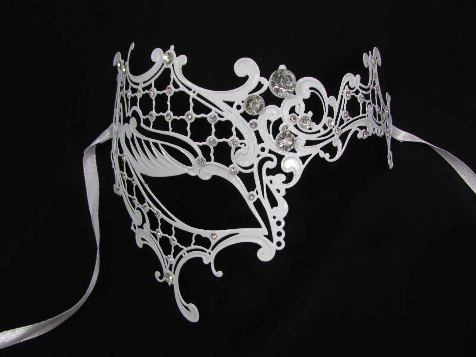 White Half Face Right Side Mask Rhinestones Back Tie Women Mardi Gras Halloween