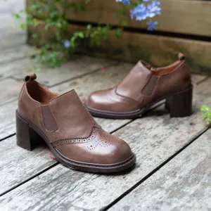 Womens Handmade Retro Square Toe Block Heel Pumps in Black/Brown