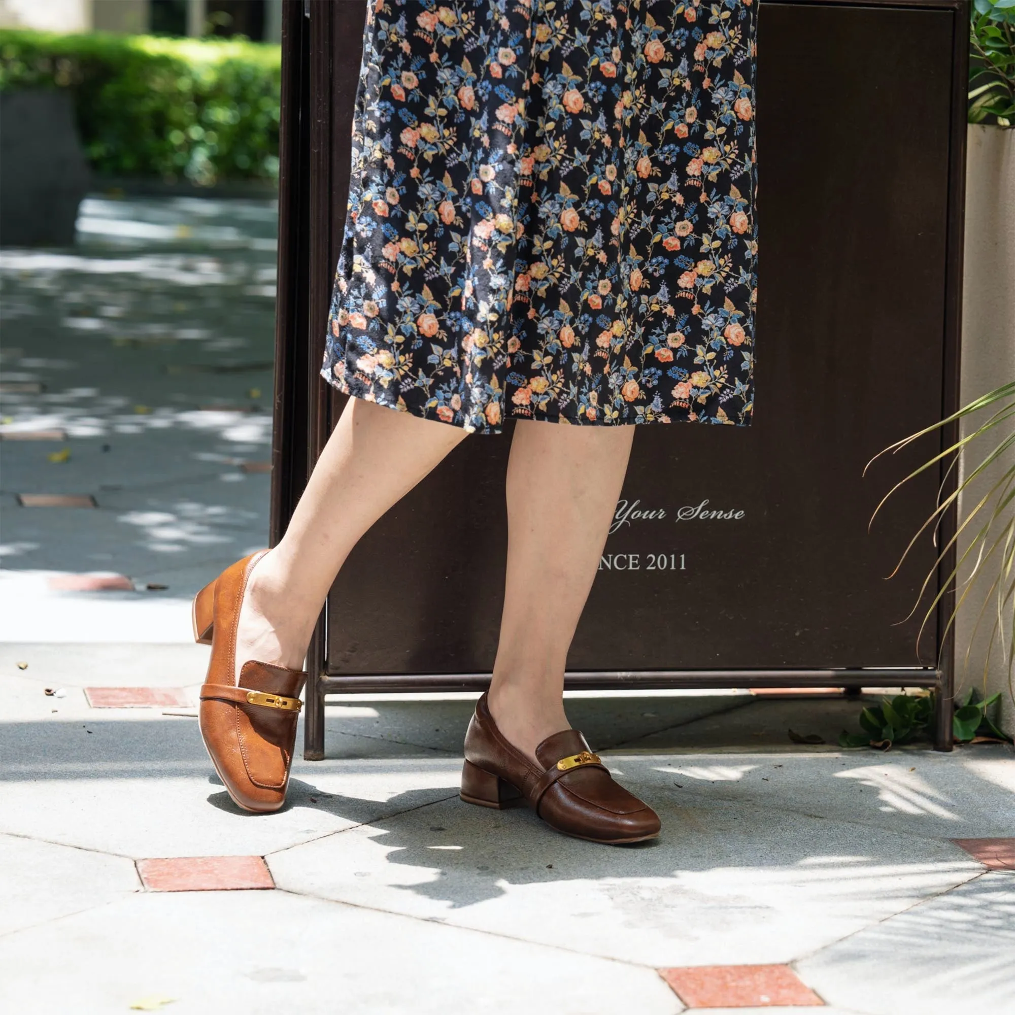 Women's Handmade Square-Toe Block-Heel Loafers in Black/Brown