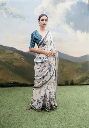Yam   I   Lunigiana Indonesian Batik Saree SAREE Blouse Not Included LINEN WHITE & BLUE An Indian Summer YAMSR13
