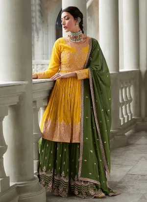 Yellow and Green Heavy Embroidered Stylish Lehenga