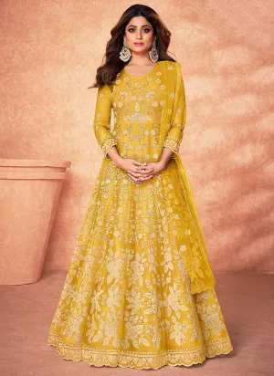 Yellow Floral Embroidered Stylish Kalidar Anarkali