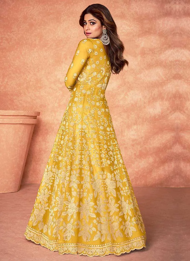 Yellow Floral Embroidered Stylish Kalidar Anarkali