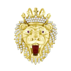 Yellow-tone Sterling Silver  Round Cubic Zirconia CZ Animal Lion King Face Charm Pendant